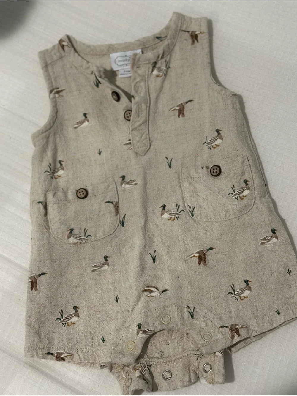 Mud Pie Linen Duck Print Sleeveless One-Piece in Beige with Brown and Green